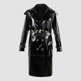 Ouzey Spring Long Shiny Reflective Black Patent Pu Leather Trench Coat for Women Belt Double Breasted Y2K European Clothes