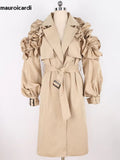 Ouzey Spring Khaki Long Trench Coat for Women with Ruffled Sleeve Belt Elegant Chic Modest Luxury Black Overcoat 2025