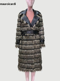 Ouzey Spring Winter Long Thick Warm Soft Fluffy Hairy Striped Faux Fox Fur Coat Women Luxury Elegant Chic Furry Overcoat