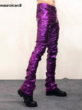 Ouzey Purple Green Shiny Reflective Skinny Stretchy Faux Leather Stacked Pants for Men Sexy Latex Trousers Y2K Streetwear