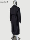 Ouzey Spring Autumn Long Black Hard Waterproof Trench Coat for Women Belt Double Breasted Loose  Casual Luxury Overcoat