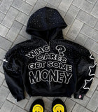 Ouzey dandys world 2025 American New Trend Who Cares Get Some Money Printed Zipper Sweater Men's and Women's Y2K Harajuku Hip Hop Goth Casual Coat