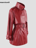 Ouzey Spring Luxury Chic Soft Waterproof Wine Red Pu Leather Trench Coat for Women Belt Double Breasted Fall Clothes 2025