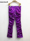 Ouzey Purple Green Shiny Reflective Skinny Stretchy Faux Leather Stacked Pants for Men Sexy Latex Trousers Y2K Streetwear