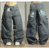 Ouzey dandys world Streetwear 90S Retro Hip Op Flame Embroidery Loose High Waisted Men Jeans Female Y2K New Harajuku Gothic joker Wide Leg Pants