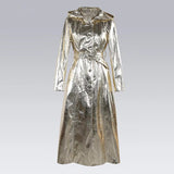 Ouzey Autumn Luxury Elegant Gold Shiny Maxi Patent Faux Leather Coat Women with Hood Extra Long Luxury Designer Clothes