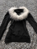 Ouzey dandys world Y2K Women's Zip Up Letter Printed Fur Collar Hoodies Slim Fit Comfortable Simplicity Black Sweatshirts Warm Basic Version Tops