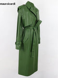 Ouzey Spring Long Green Pu Leather Trench Coat for Women with Back Slit Sashes Single Breasted Elegant Luxury Clothes 2025