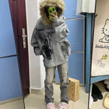 Ouzey Tie Dye Printed Large Fur Collar Thick Coats Harajuku Jackets 2025 New Autumn Winter Niche Fashion Element baggy Hoodies women