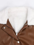 Ouzey Winter Long Warm Thickened Warm Soft Brown Pu Leather Coat Women with White Faux Fur Inside Loose Korean Fashion