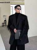 Ouzey Spring Autumn Loose Black Faux Fur Patchwork Blazer Men with Shoulder Pads Long Sleeve Luxury Designer Clothes 2025