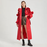 Ouzey Spring Extra Long Black Ruffled Soft Faux Leather Coat Women Belt Elegant Chic Luxury Designer Clothes Overcoat 2025