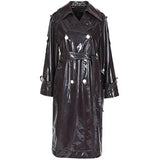 Ouzey Spring Black Long Soft Thin Waterproof Flowy Shiny Reflective PVC Faux Leather Trench Coat for Women Y2K Streetwear