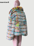 Ouzey Winter Striped Colorful Thickened Warm Hairy Faux Fur Coat Women Loose Luxury Designer Clothes Fluffy Jacket 2025