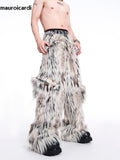 Ouzey Autumn Winter Long Colorful Thick Warm Hairy Fluffy Faux Fur Wide Leg Pants Men Pockets Runway Fashion Streetwear