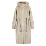 Ouzey Winter Long Thick Warm Striped Fluffy Faux Fur Coat Women with Drawstring Waist and Hood Zip Up Furry Overcoat 2025