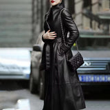 Ouzey Spring Long Black Soft Skirted Pu Leather Trench Coat for Women Sashes  Elegant Luxury Plus Size Clothes 5xl 6xl 7xl