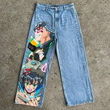 Ouzey Harajuku y2k baggy jeans blue eyes white dragon print wide leg denim pants popular anime jeans streetwear trouser men clothing