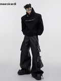 Ouzey Autumn Cool Black Baggy Pu Leather Wide Leg Cargo Pants for Men Three-dimensional Pockets Luxury Designer Clothes