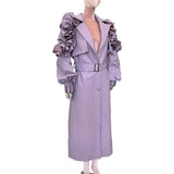 Ouzey Spring Long Soft Purple Faux Leather Trench Coat for Women with Ruffled Lantern Sleeve Elegant Luxury Chic Overcoat