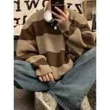 Ouzey Korean style patchwork striped sweater for men in autumn and winter lazy loose knitted sweater round neck retro trendy sweater