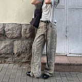 Ouzey 2025 American retro jeans Y2K high street loose casual leopard print versatile wide leg straight denim trousers for street wear