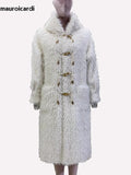 Ouzey Spring Winter Long Soft Thick Warm Fluffy Faux Fur Coat Women with Hood Horn Button Preppy Style Fuzzy Overcoat 2025