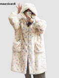 Ouzey Winter Long Oversized Colorful Cute Sweet Faux Fur Coat Women with Hood Horn Buttons Fluffy Furry Overcoat 2025