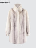 Ouzey Spring Winter Colorful Thick Warm Gradient Fluffy Faux Fur Coat Women Stand Collar Elegant Luxury Designer Clothes