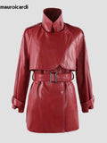 Ouzey Spring Luxury Chic Soft Waterproof Wine Red Pu Leather Trench Coat for Women Belt Double Breasted Fall Clothes 2025