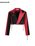 Ouzey Spring Autumn Cool Short Black and Red Color Block Pu Leather Jacket Blazer Men Long Sleeve Lace Up Clothes 2025