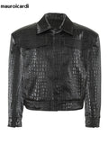 Ouzey Spring Autumn Cool Short Oversized Black Crocodile Print Pu Leather Jacket Men Long Sleeve Luxury Designer Clothes