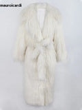 Ouzey Winter Long Thick Warm Shaggy Hairy Fluffy Faux Mongolian Fur Coat Women Sashes Elegant Luxury Furry Overcoat 2025