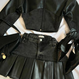 Ouzey Y2K  patchwork Gothic long sleeved zipper jacket mini pleated skirt autumn Harajuku jacket denim black two-piece set for women