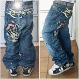 Ouzey 90s Streetwear Gothic Hip Hop Skull Embroidery Jeans for Men Casual Y2k High Waist Wide Leg Baggy Jeans Retro Straight Denim Pants Streetwear