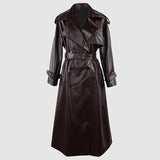 Ouzey Spring Autumn Long Oversized Black Pu Leather Trench Coat for Women Belt Double Breasted Loose Casual Maxi Overcoat