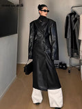 Ouzey Spring Luxury Long Black Fitted Faux Leather Trench Coat for Women Shoulder Pads Double Breasted European Clothes