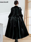 Ouzey Autumn Waterproof Extra Long Black Reflective Shiny Patent Pu Leather Trench Coat for Women Belt Runway Y2K Clothes