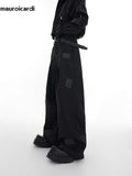 Ouzey Spring Autumn Long Black Loose Casual Pu Leather Patchwork Wide Leg Pants Men High Waist Luxury Designer Clothes