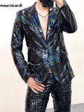 Ouzey Spring Autumn Cool Fitted Black Soft Shiny Reflective Patent Faux Leather Jacket Blazer Men Runway Fashion 2025