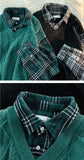 Ouzey dandys world Plaid pattern fake two-piece design long sleeves lapels knit pullover sweaters men high street casual loose fashion versatile