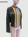 Ouzey Spring Autumn Short Color Block Pu Leather Racing Jacket Women Zipper Cool Handsome Luxury Designer Clothes 2025