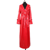 Ouzey Spring Autumn Extra Long Soft Red Reflective Shiny Patent Leather Coat Women Double Breasted Maxi European Fashion