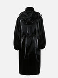 Ouzey Spring Black Long Waterproof Shiny Reflective PVC Faux Leather Coat for Women with Detachable Hood Y2K Streetwear