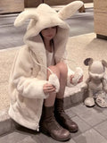 Ouzey Spring Autumn Thick Warm Sweet Cute Kawaii Thick Warm Black Faux Fur Hoodie with Bunny Ears and Pompon Fluffy Jacket