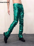 Ouzey Purple Green Shiny Reflective Skinny Stretchy Faux Leather Stacked Pants for Men Sexy Latex Trousers Y2K Streetwear