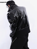 Ouzey Spring Autumn Loose Black Shiny Reflective Patent Leather Jacket Men Long Sleeve Zipper Oversized Designer Clothes