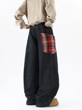 Ouzey 90s Streetwear New American Style Splicing Plaid Washed Cargo Pants Women Retro Wide Leg High Waisted Baggy Jeans Women Hip Hop Denim Pants