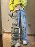 Ouzey Light blue washed ripped multi-pocket high street cargo pants women 2025 aesthetic fashion American retro wide leg baggy jeans