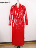 Ouzey Autumn Long Waterproof Shiny Reflective Red Patent Pu Leather Cocoon Coat Women Sashes Loose Runway European Fashion